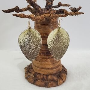 Genuine Leather Pebbled Gold Leaf Tear Drop Dangle Petal Fish Hook Earrings NWOT